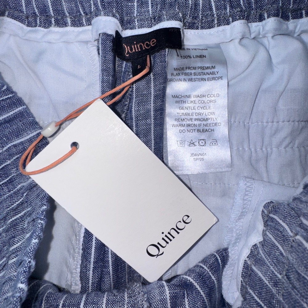 Quince Linen Wide Leg Pants Women Large Blue White Striped Drawstring Coastal - Picture 2 of 6